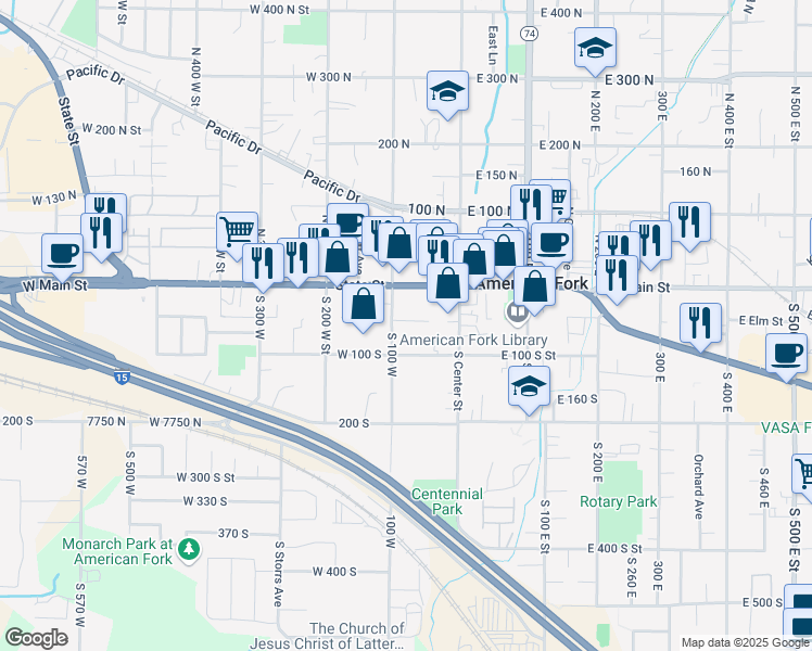 map of restaurants, bars, coffee shops, grocery stores, and more near 63 South 100 West in American Fork