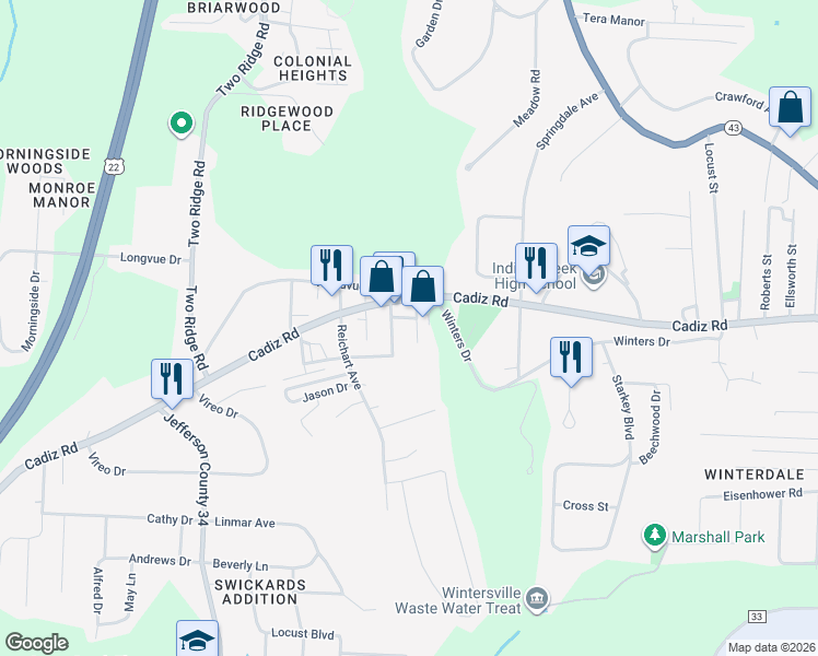 map of restaurants, bars, coffee shops, grocery stores, and more near 75 Bennett Boulevard in Wintersville