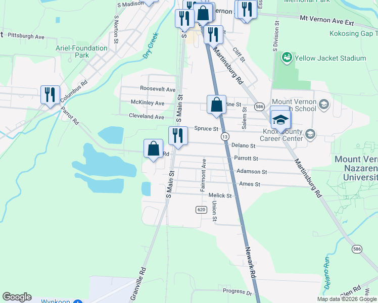 map of restaurants, bars, coffee shops, grocery stores, and more near 908 South Main Street in Mount Vernon