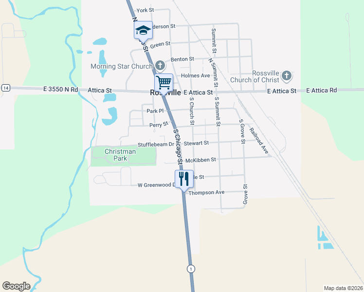 map of restaurants, bars, coffee shops, grocery stores, and more near 410 South Chicago Street in Rossville