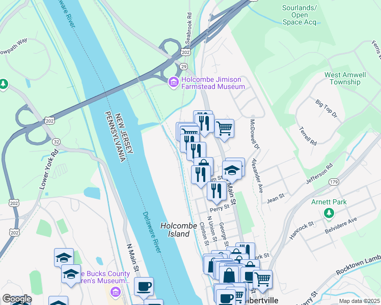 map of restaurants, bars, coffee shops, grocery stores, and more near 239 North Union Street in Lambertville