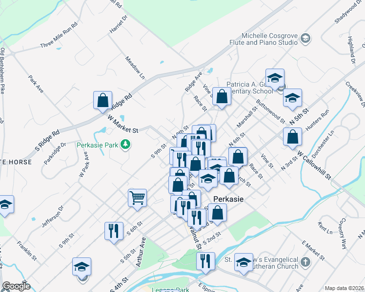 map of restaurants, bars, coffee shops, grocery stores, and more near 817 West Market Street in Perkasie