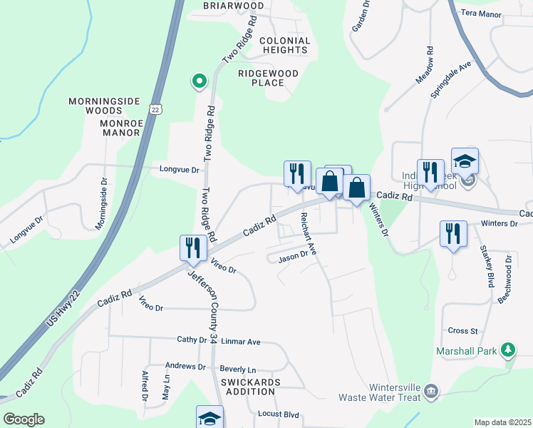 map of restaurants, bars, coffee shops, grocery stores, and more near 1105 Cadiz Road in Wintersville