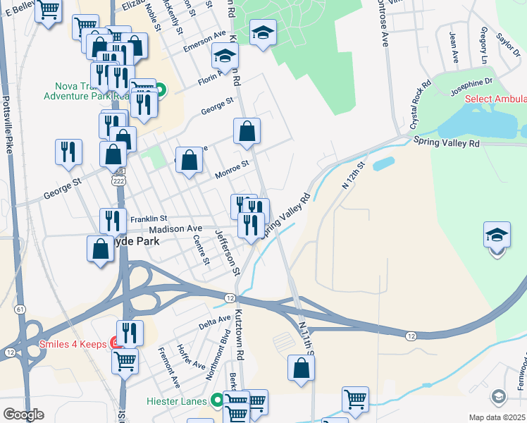 map of restaurants, bars, coffee shops, grocery stores, and more near 2727 Kutztown Road in Reading
