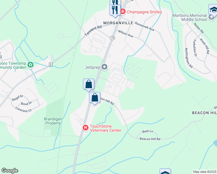 map of restaurants, bars, coffee shops, grocery stores, and more near Lukas Boulevard in Marlboro Township