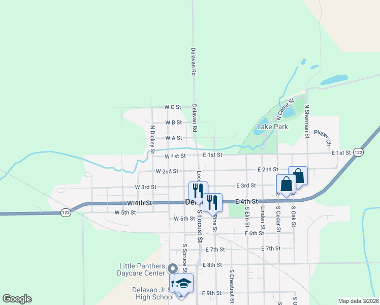 map of restaurants, bars, coffee shops, grocery stores, and more near 105 West 1st Street in Delavan
