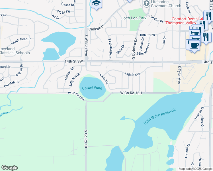map of restaurants, bars, coffee shops, grocery stores, and more near 1610 Cattail Drive in Loveland