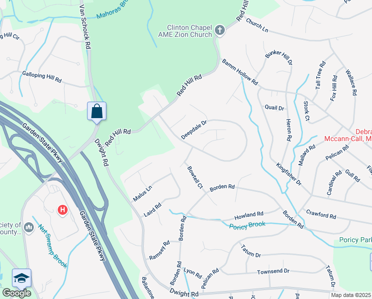 map of restaurants, bars, coffee shops, grocery stores, and more near 47 Deepdale Drive in Middletown Township