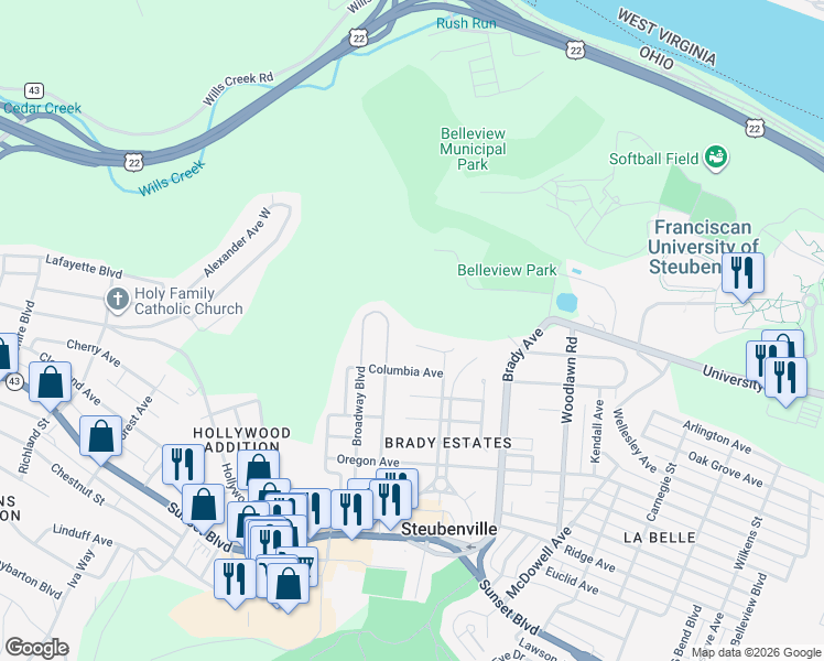 map of restaurants, bars, coffee shops, grocery stores, and more near 1112 Jackson Place in Steubenville