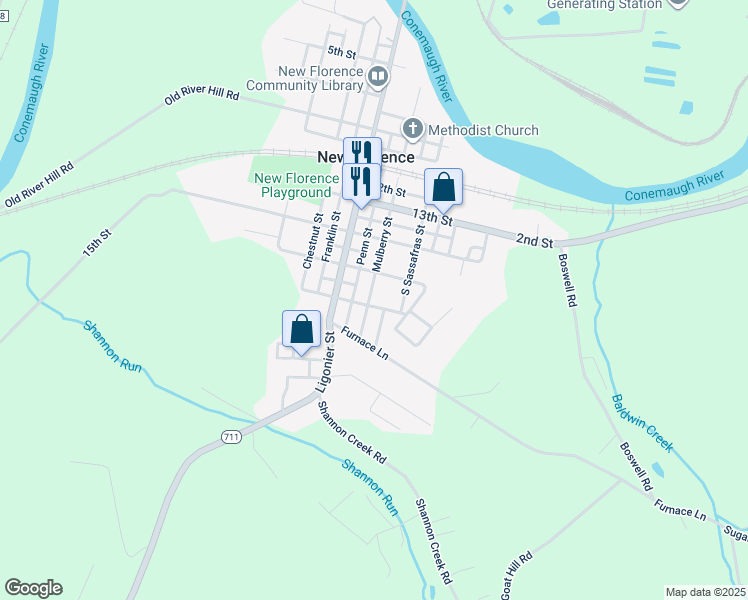 map of restaurants, bars, coffee shops, grocery stores, and more near 217 Mulberry Street in New Florence