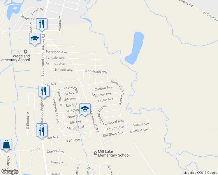 map of restaurants, bars, coffee shops, grocery stores, and more near 19 Carlton Avenue in Monroe Township