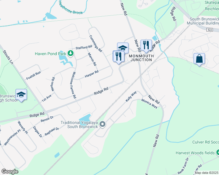 map of restaurants, bars, coffee shops, grocery stores, and more near 671 Ridge Road in South Brunswick Township