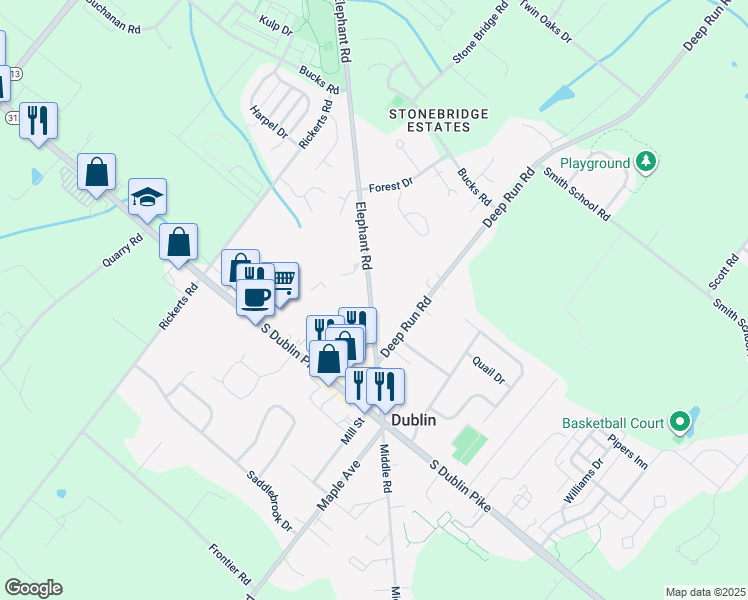 map of restaurants, bars, coffee shops, grocery stores, and more near 145 Elephant Road in Dublin