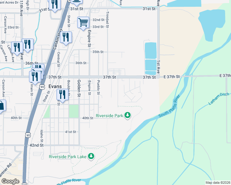 map of restaurants, bars, coffee shops, grocery stores, and more near 3805 Riverside Parkway in Evans