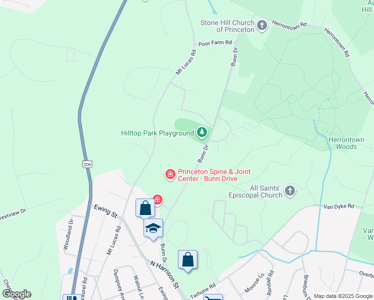 map of restaurants, bars, coffee shops, grocery stores, and more near 300 Bunn Drive in Princeton