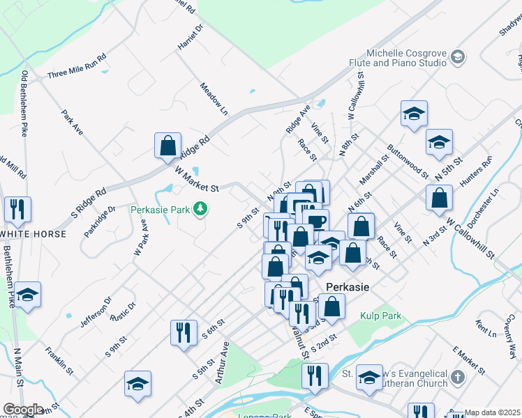 map of restaurants, bars, coffee shops, grocery stores, and more near 14 South 9th Street in Perkasie