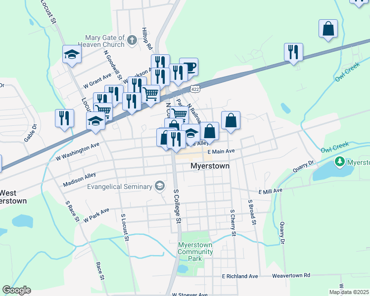 map of restaurants, bars, coffee shops, grocery stores, and more near 39 West Main Avenue in Myerstown
