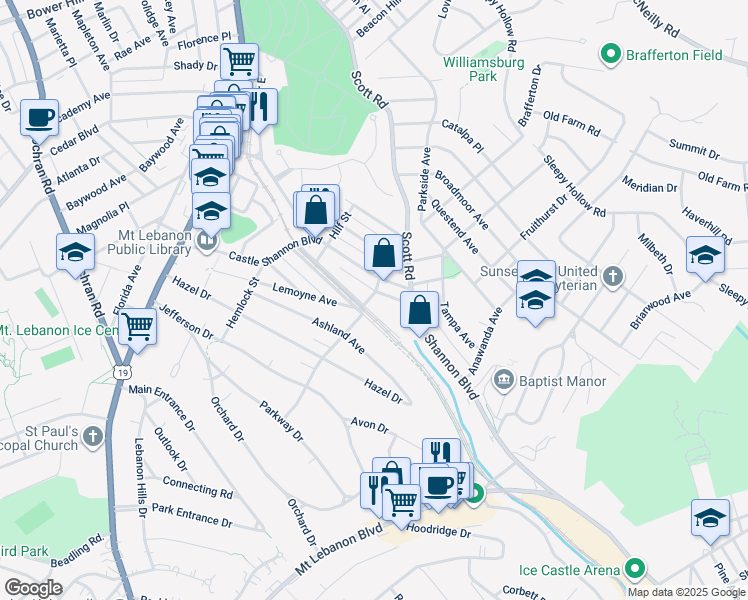 map of restaurants, bars, coffee shops, grocery stores, and more near in Mount Lebanon