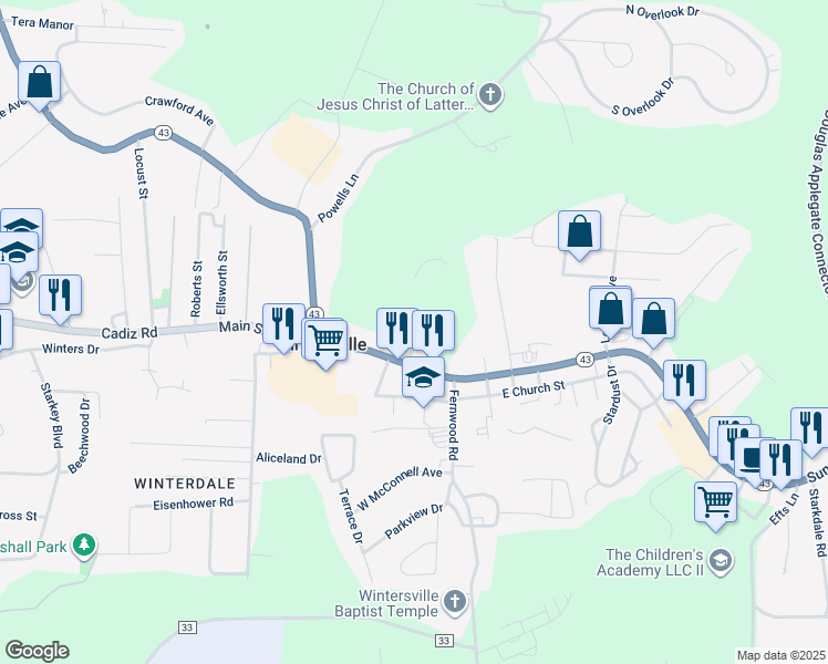 map of restaurants, bars, coffee shops, grocery stores, and more near 119 Grove Street in Steubenville
