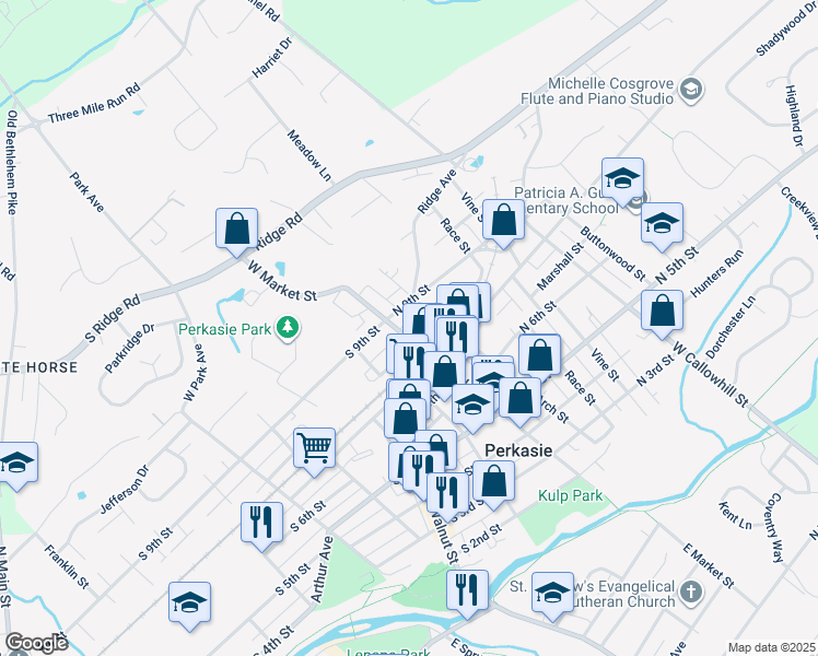 map of restaurants, bars, coffee shops, grocery stores, and more near 817 West Market Street in Perkasie