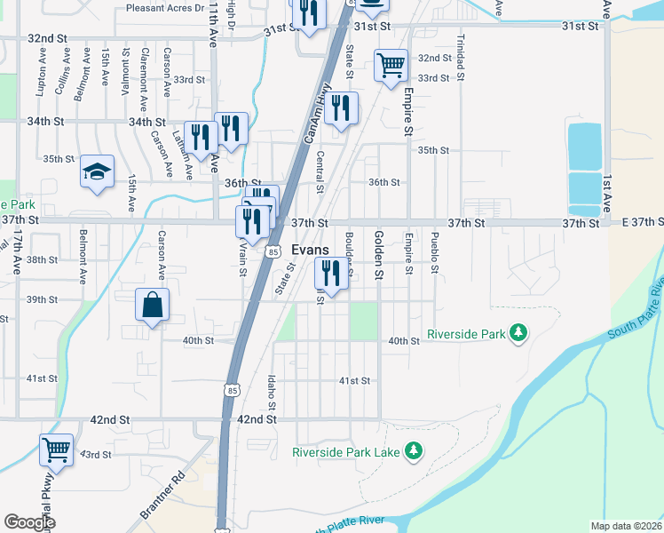 map of restaurants, bars, coffee shops, grocery stores, and more near 812 38th Street in Evans