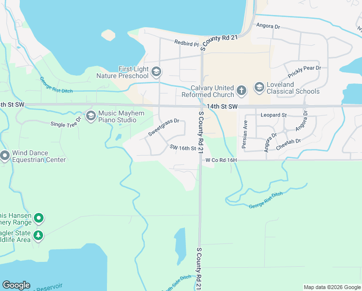 map of restaurants, bars, coffee shops, grocery stores, and more near 4207 Beth Drive in Loveland