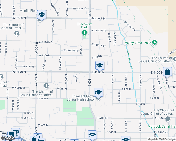 map of restaurants, bars, coffee shops, grocery stores, and more near 77 East 1100 North in Pleasant Grove