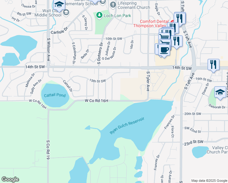 map of restaurants, bars, coffee shops, grocery stores, and more near 1680 South Del Norte Avenue in Loveland