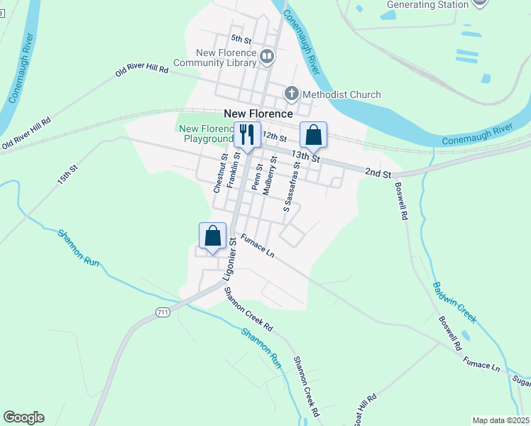 map of restaurants, bars, coffee shops, grocery stores, and more near 217 Mulberry Street in New Florence