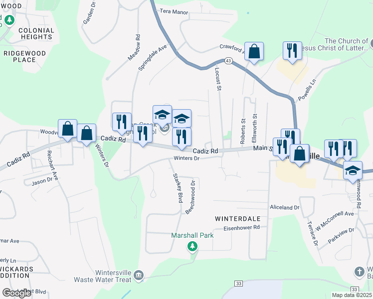 map of restaurants, bars, coffee shops, grocery stores, and more near 100 Park Drive in Wintersville