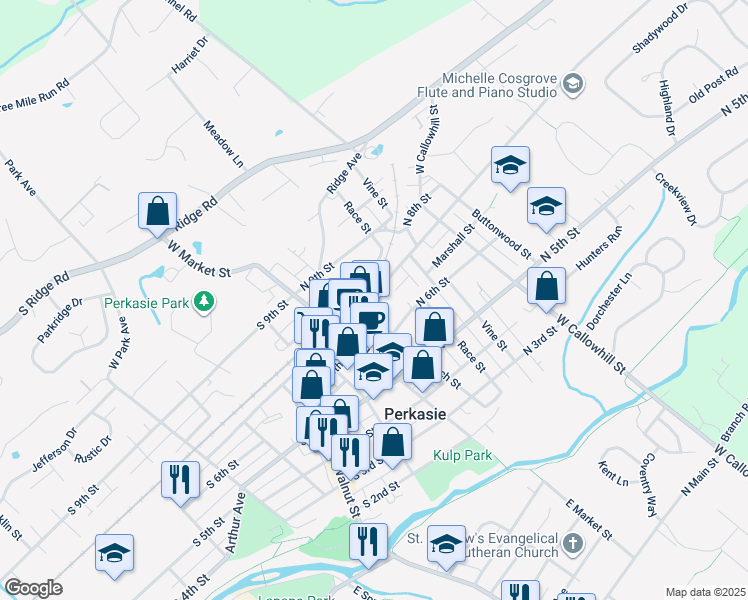 map of restaurants, bars, coffee shops, grocery stores, and more near 109 North 7th Street in Perkasie