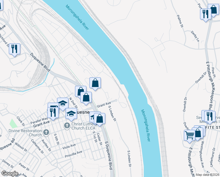 map of restaurants, bars, coffee shops, grocery stores, and more near 1 North Linden Street in Duquesne