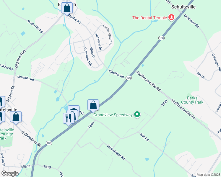 map of restaurants, bars, coffee shops, grocery stores, and more near 1161 Pennsylvania 100 in Bechtelsville