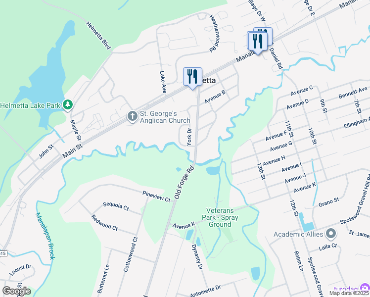 map of restaurants, bars, coffee shops, grocery stores, and more near 7 Madison Drive in Helmetta