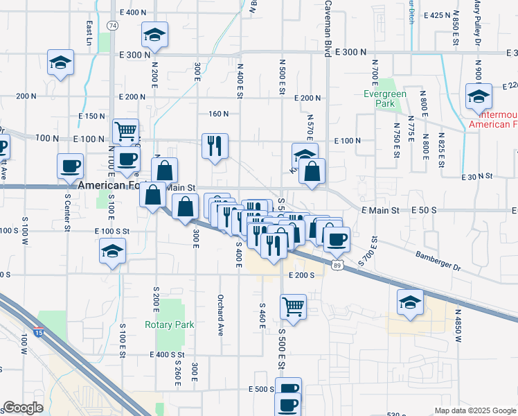map of restaurants, bars, coffee shops, grocery stores, and more near 424 East Elm Street in American Fork