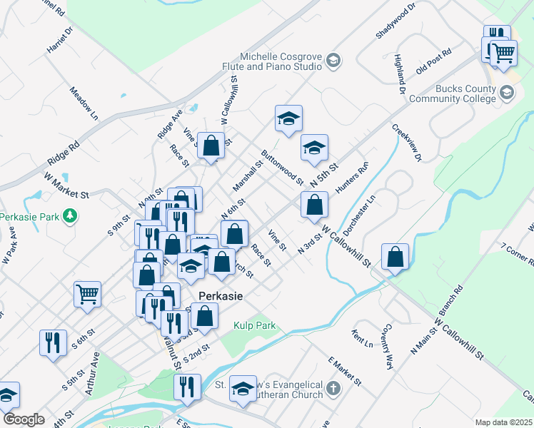 map of restaurants, bars, coffee shops, grocery stores, and more near 304 Vine Street in Perkasie