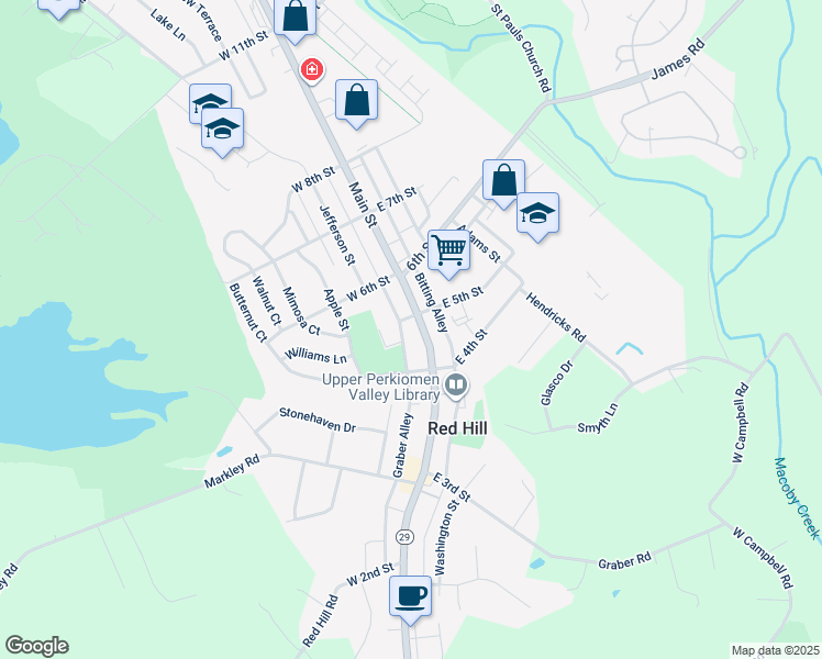 map of restaurants, bars, coffee shops, grocery stores, and more near 421 Main Street in Red Hill