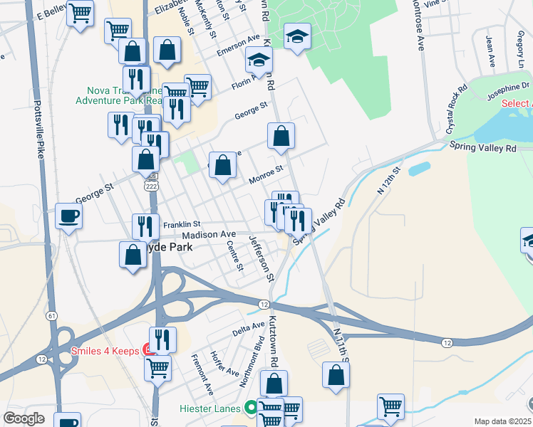map of restaurants, bars, coffee shops, grocery stores, and more near 10 Pennsylvania Avenue in Reading
