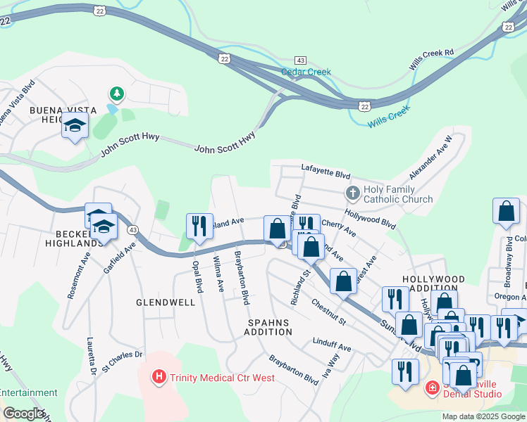 map of restaurants, bars, coffee shops, grocery stores, and more near 2710-2714 Cleveland Avenue in Steubenville