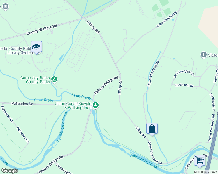 map of restaurants, bars, coffee shops, grocery stores, and more near 1102 Hilltop Road in Leesport