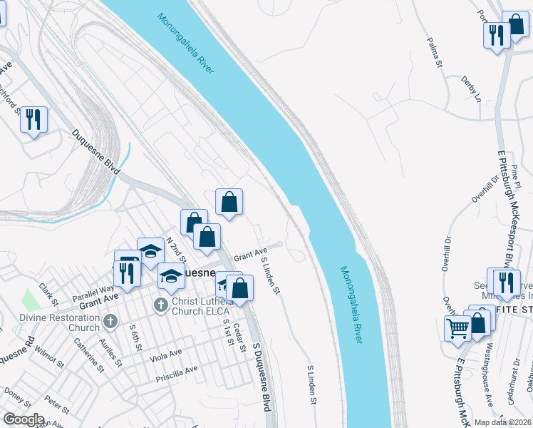 map of restaurants, bars, coffee shops, grocery stores, and more near 1 North Linden Street in Duquesne