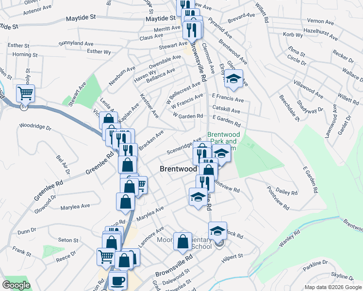 map of restaurants, bars, coffee shops, grocery stores, and more near 116 Sceneridge Avenue in Pittsburgh