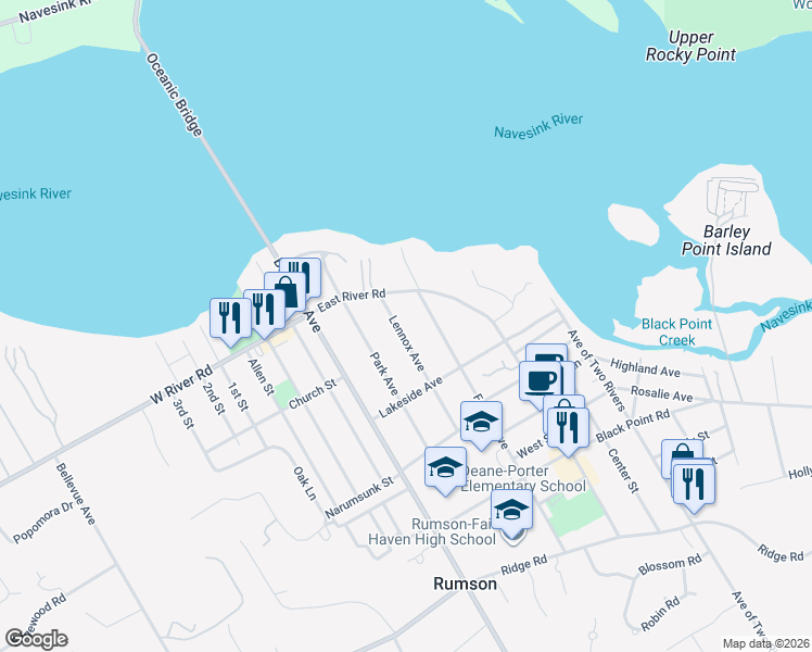 map of restaurants, bars, coffee shops, grocery stores, and more near 25 Lennox Avenue in Rumson
