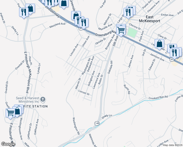 map of restaurants, bars, coffee shops, grocery stores, and more near in North Versailles Township