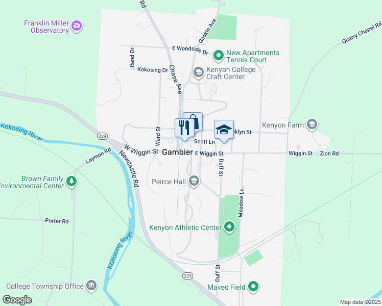 map of restaurants, bars, coffee shops, grocery stores, and more near College Park Street in Gambier