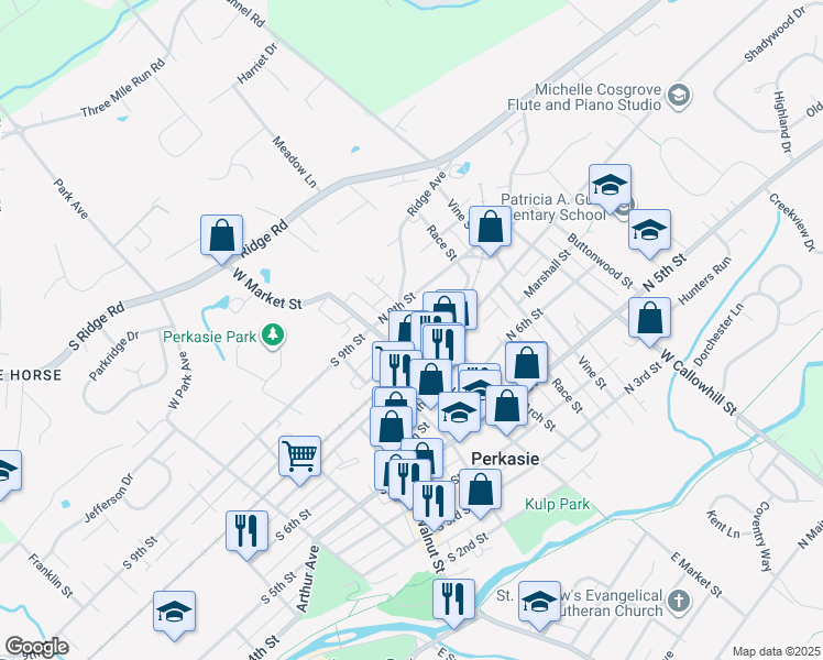 map of restaurants, bars, coffee shops, grocery stores, and more near in Perkasie