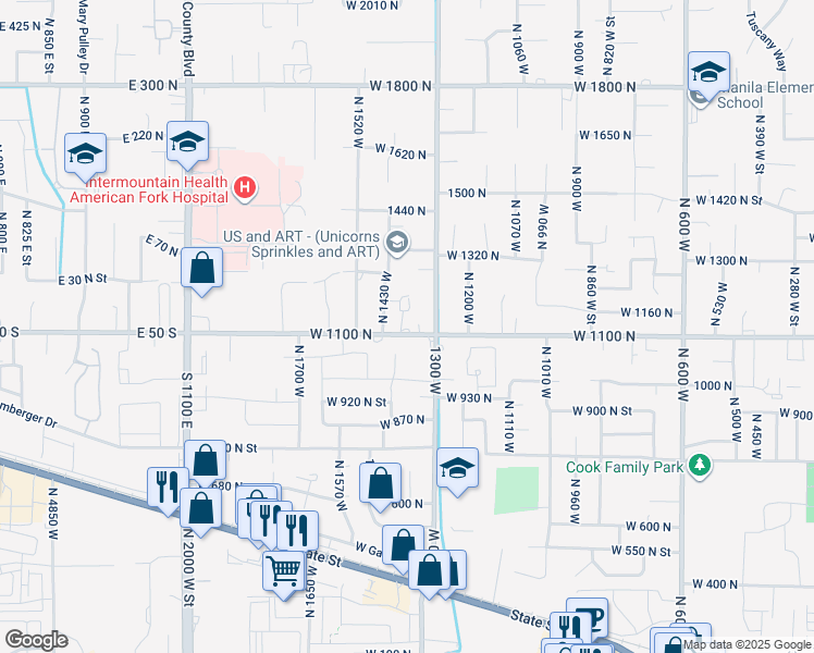 map of restaurants, bars, coffee shops, grocery stores, and more near 1380 West 1100 North in Pleasant Grove