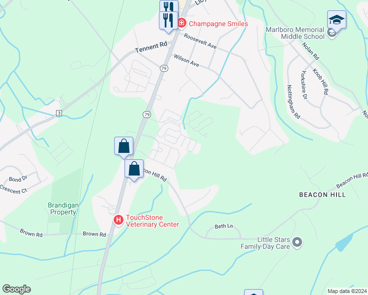map of restaurants, bars, coffee shops, grocery stores, and more near 112 Regency Court in Marlboro