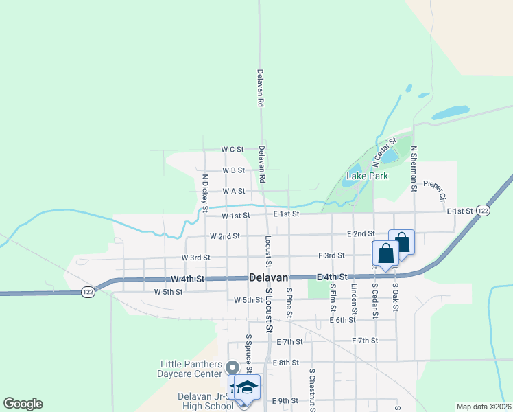map of restaurants, bars, coffee shops, grocery stores, and more near 105 West 1st Street in Delavan