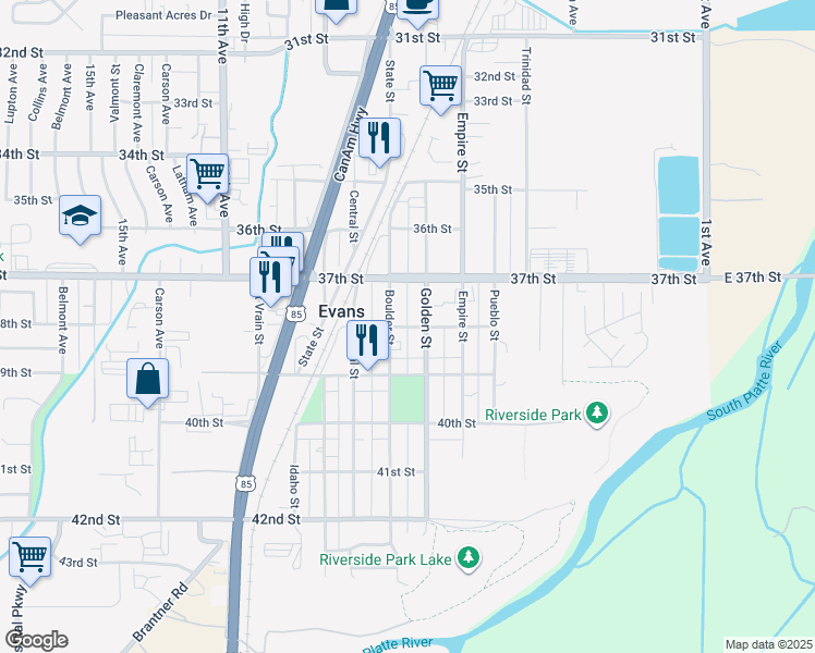 map of restaurants, bars, coffee shops, grocery stores, and more near 3805 Golden Street in Evans